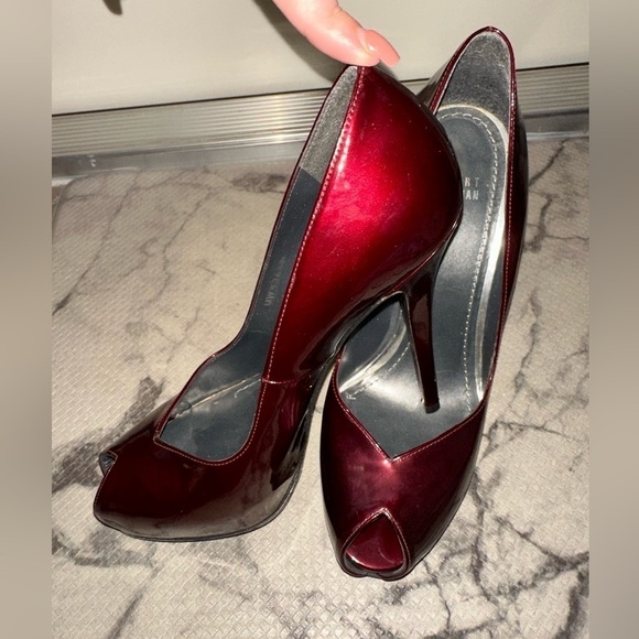 Stuwart Weitzman red metallic leather peep toe heel 9.5 Christmas holiday formal - Picture 5 of 15
